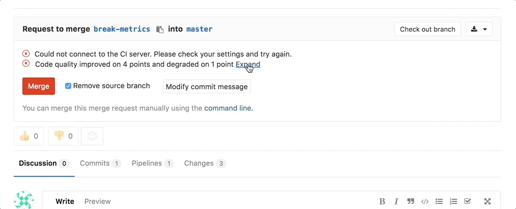 Code quality diff · Merge requests · Project · User · Help · GitLab